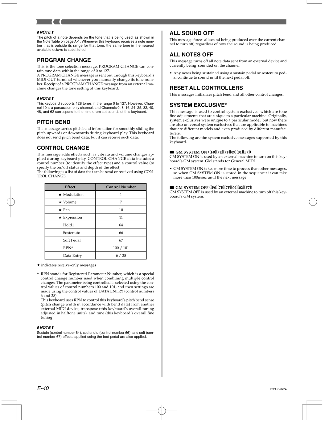 Casio CTK-571 manual Effect Control Number, GM System on F07E7F0901F7, GM System OFF F07E7F0902F7 