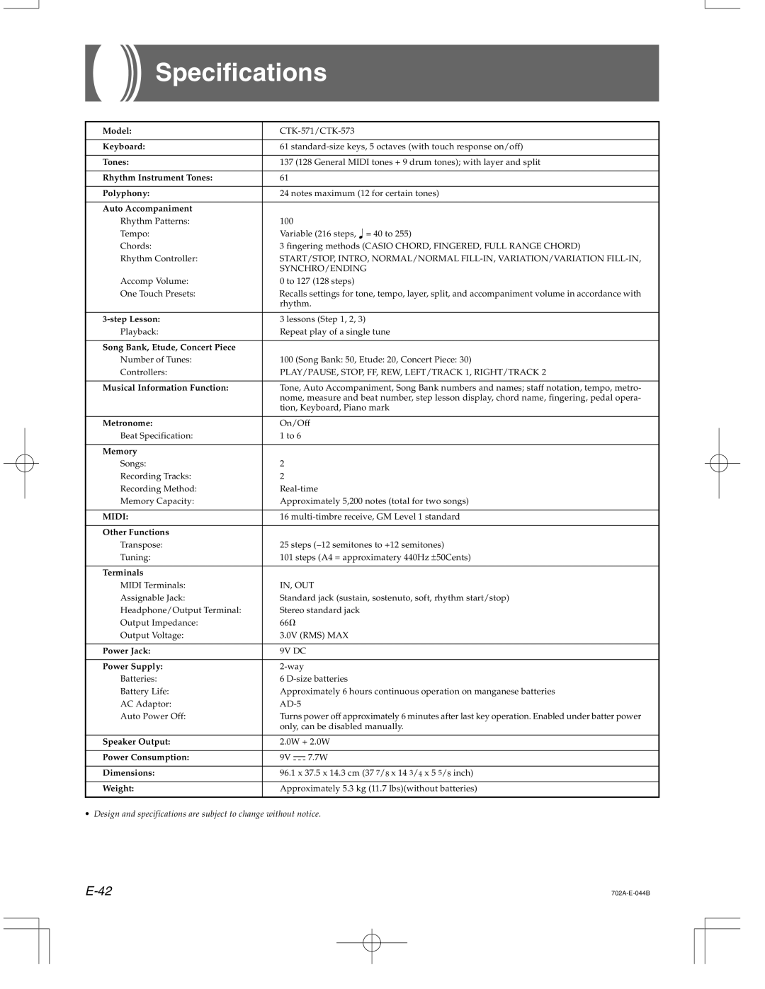 Casio CTK-571 manual Specifications 