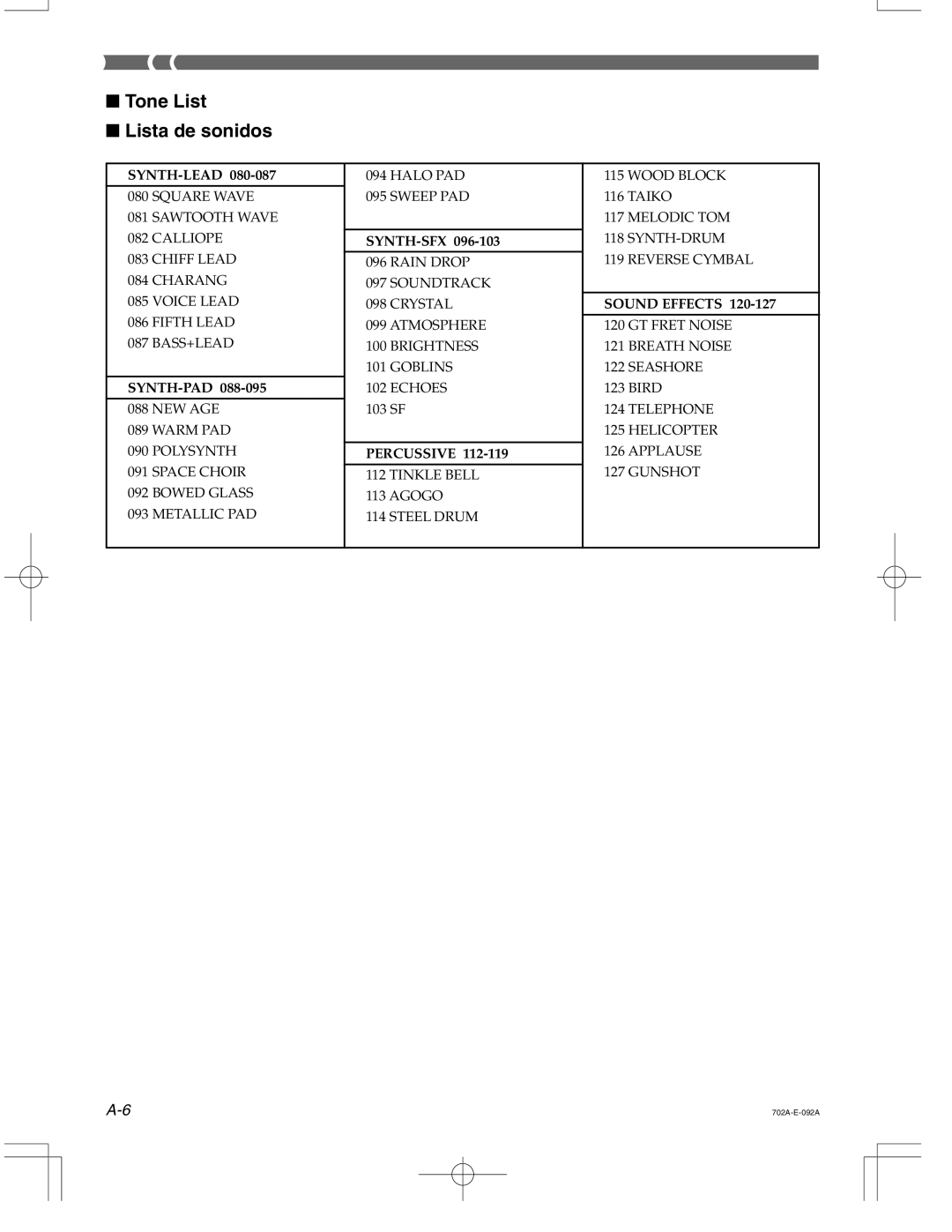 Casio CTK-571 manual Tone List Lista de sonidos 