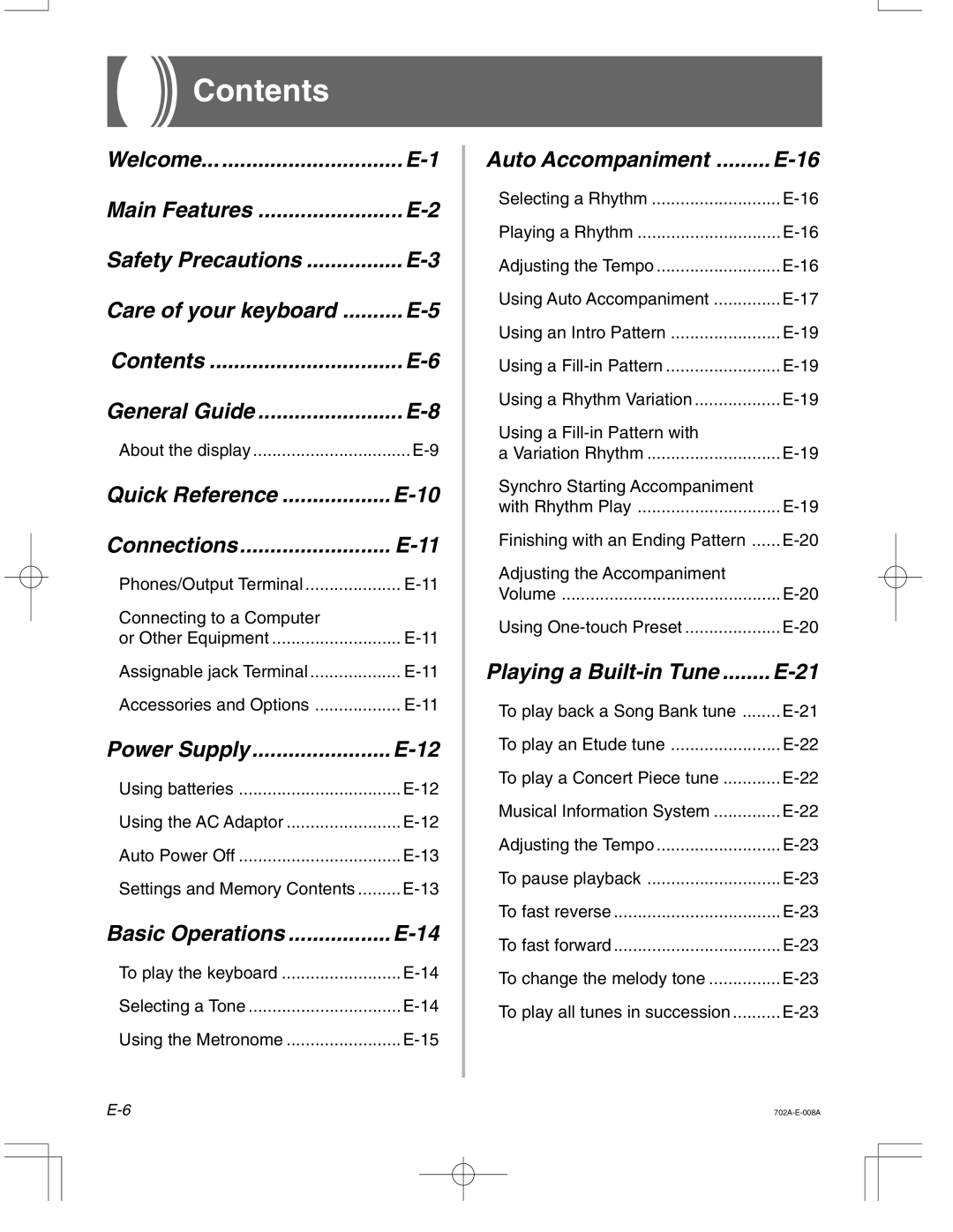 Casio CTK-571 manual Contents 