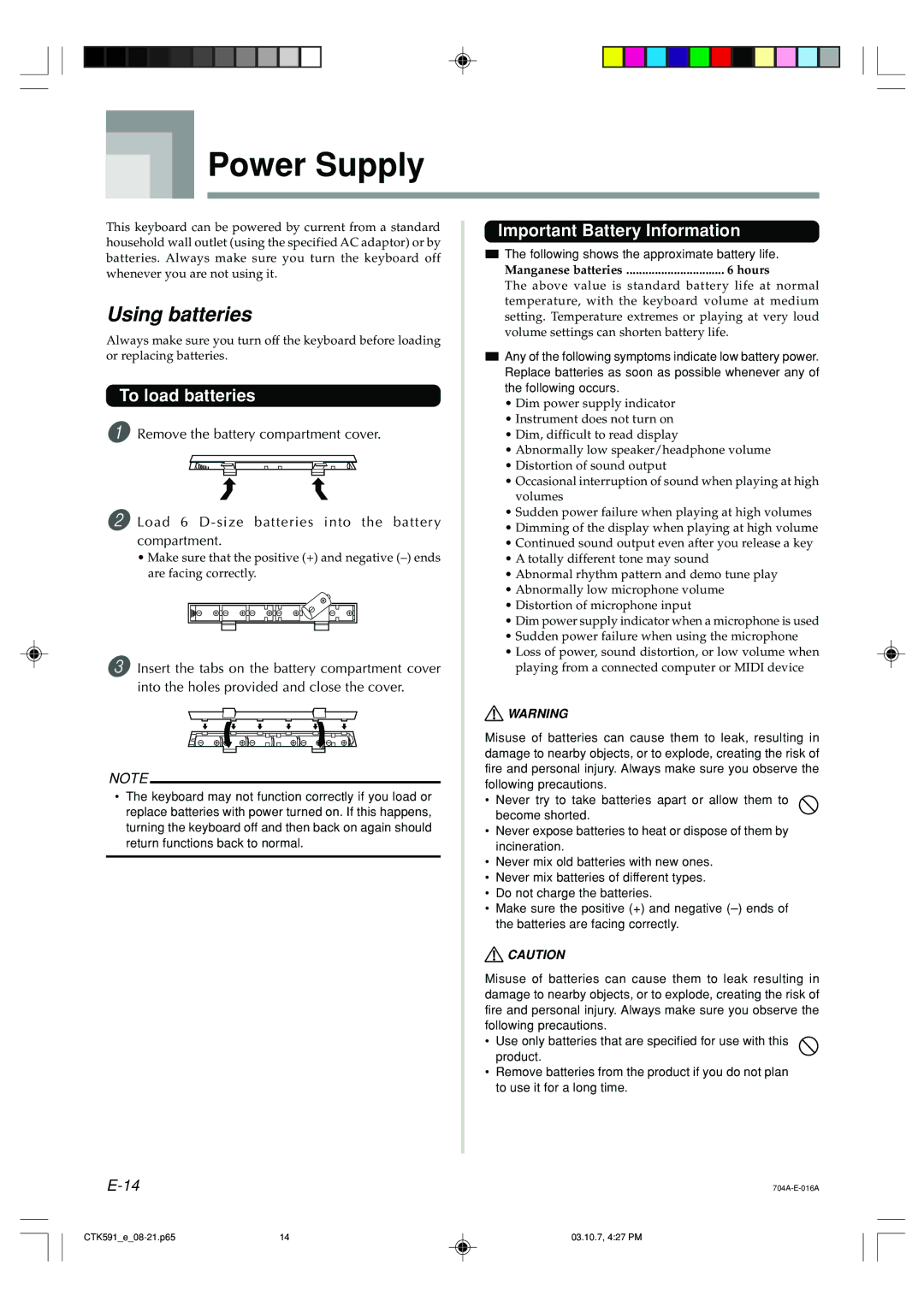 Casio CTK-591, CTK-593 manual Power Supply, Using batteries, To load batteries, Important Battery Information 