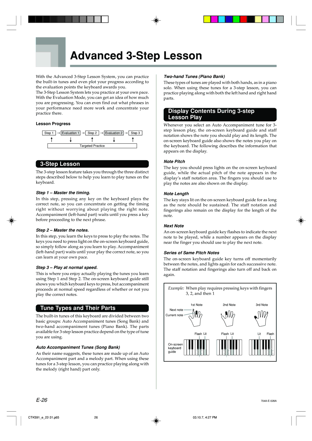 Casio CTK-591, CTK-593 manual Advanced 3-Step Lesson, Tune Types and Their Parts, Display Contents During 3-step Lesson Play 