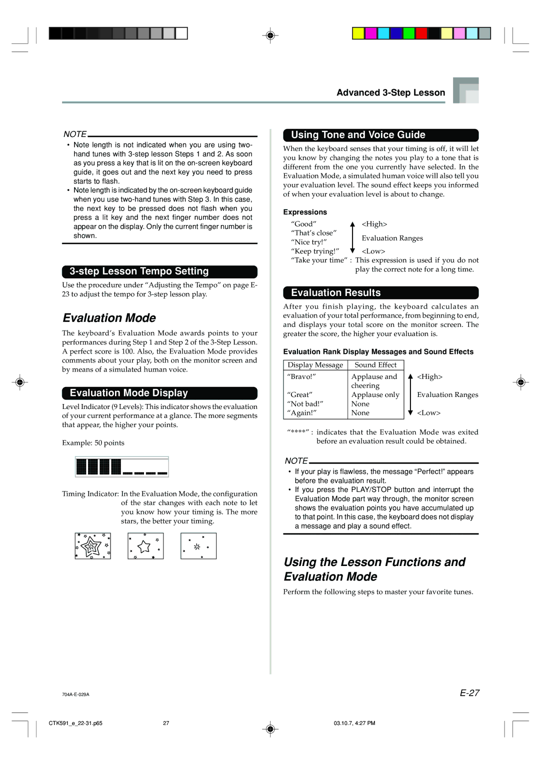 Casio CTK-593, CTK-591 manual Using the Lesson Functions Evaluation Mode 