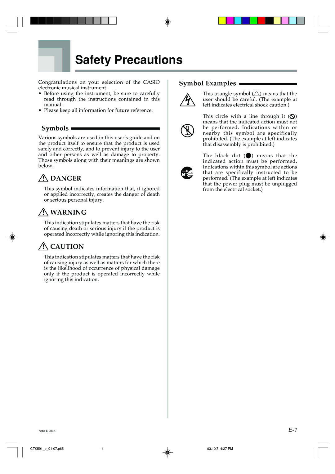 Casio CTK-593, CTK-591 manual Safety Precautions, Symbols 