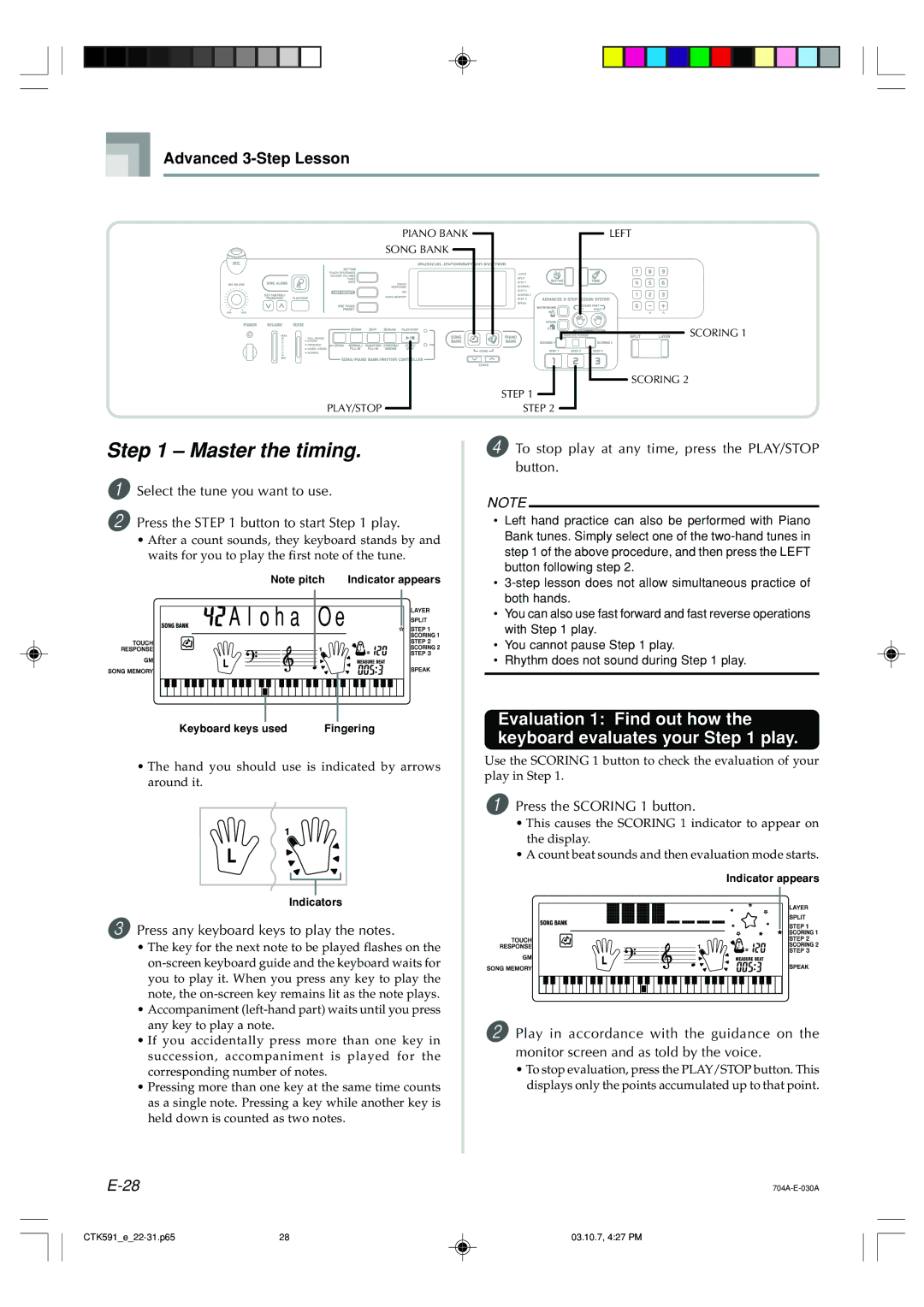 Casio CTK-591 Master the timing, Evaluation 1 Find out how the keyboard evaluates your play, Press the Scoring 1 button 