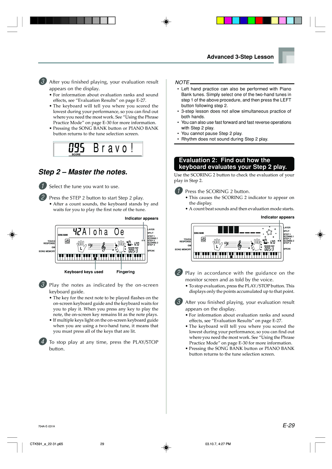 Casio CTK-593, CTK-591 manual Master the notes, Evaluation 2 Find out how, Keyboard evaluates your play 