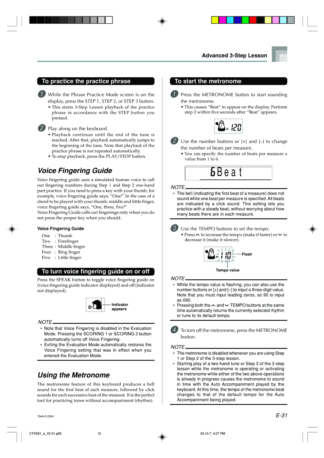 Casio CTK-593, CTK-591 manual A t, Voice Fingering Guide, Using the Metronome 