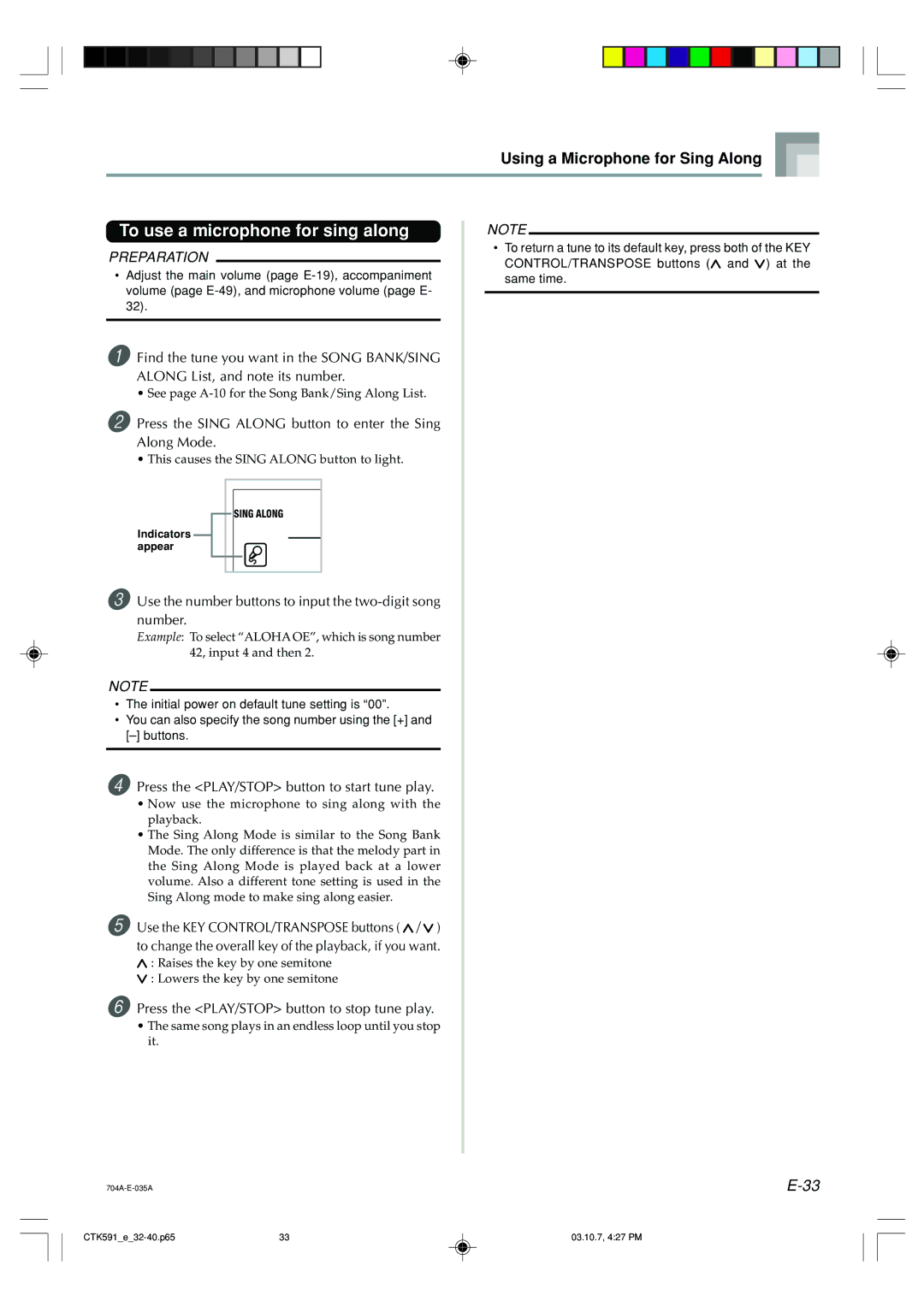 Casio CTK-593, CTK-591 manual To use a microphone for sing along, Using a Microphone for Sing Along 