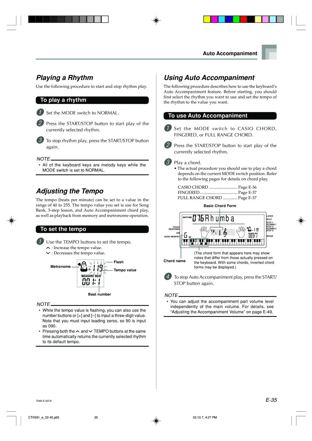 Casio CTK-593, CTK-591 manual Playing a Rhythm, Using Auto Accompaniment, To play a rhythm, To use Auto Accompaniment 