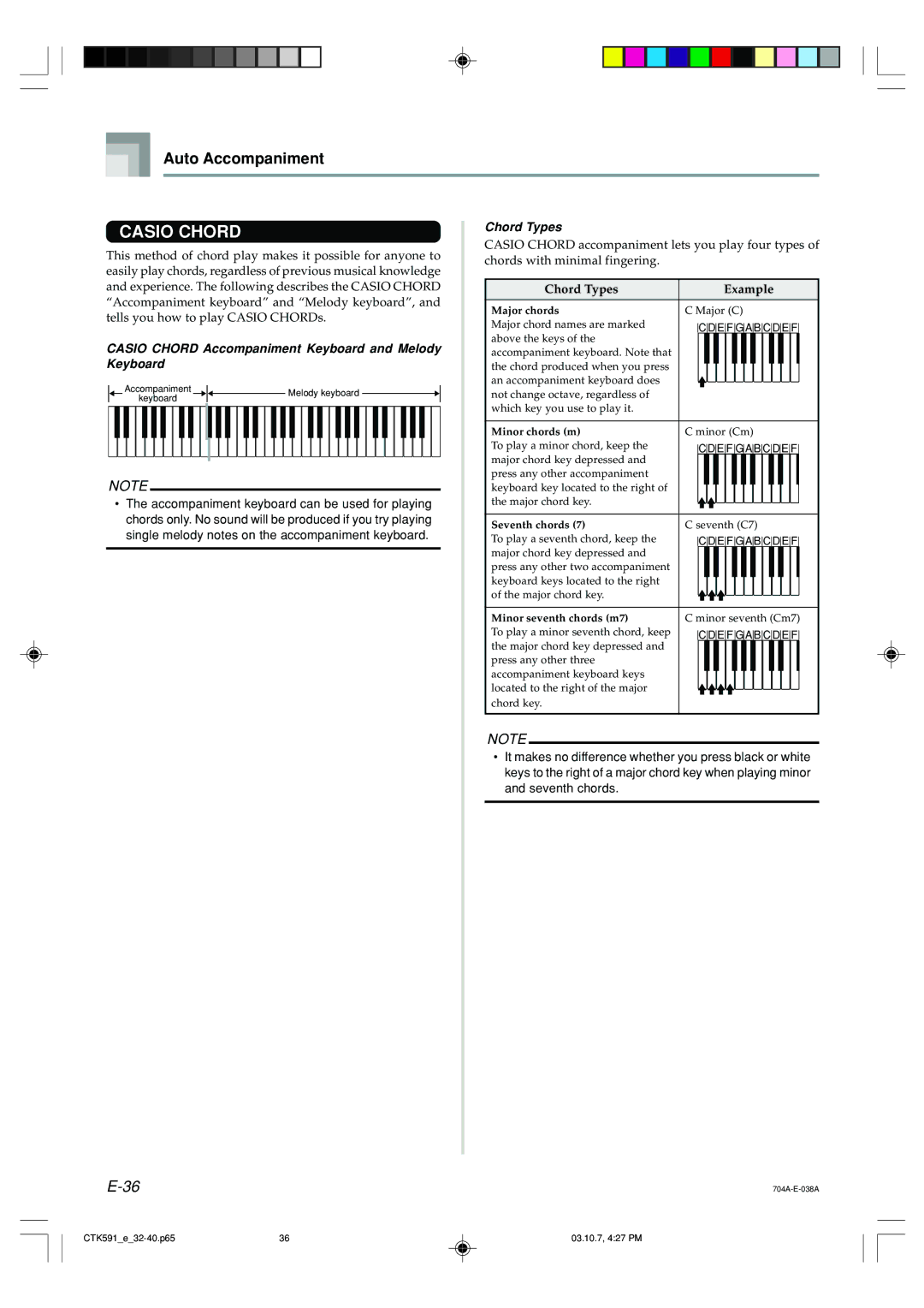 Casio CTK-591, CTK-593 manual Chord Types, Casio Chord Accompaniment Keyboard and Melody 