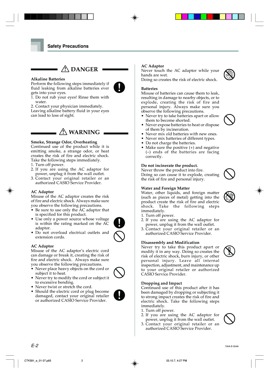 Casio CTK-591, CTK-593 manual Safety Precautions, Alkaline Batteries 