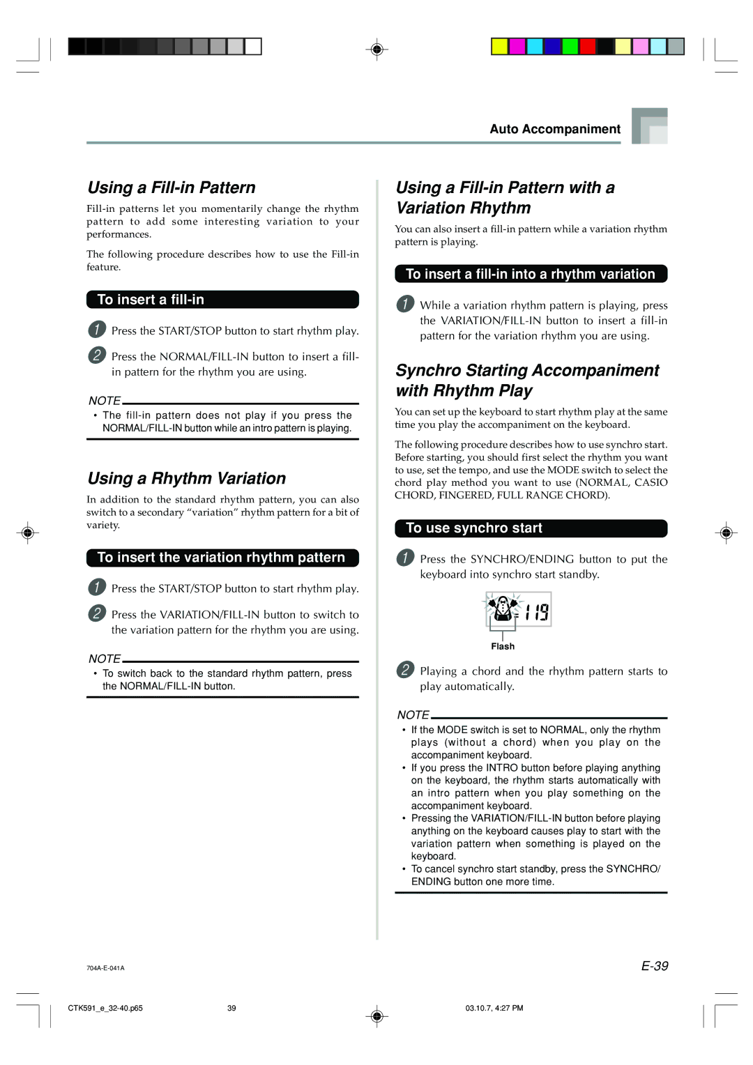 Casio CTK-593, CTK-591 manual Using a Rhythm Variation, Using a Fill-in Pattern with a Variation Rhythm 