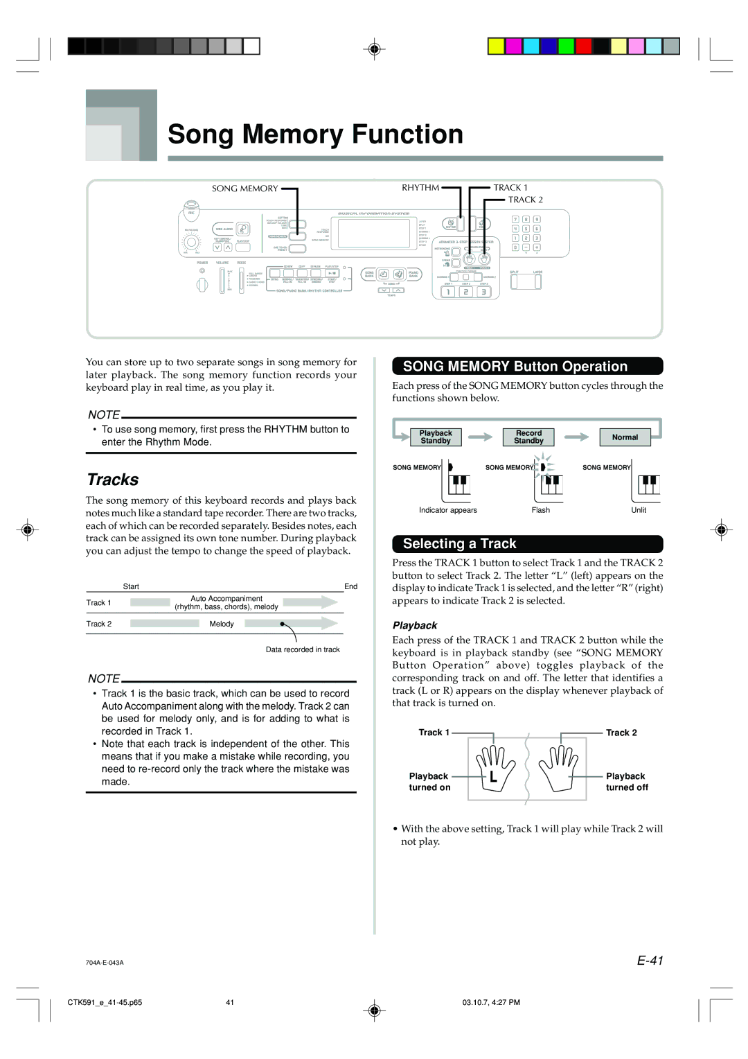 Casio CTK-593, CTK-591 manual Song Memory Function, Tracks, Song Memory Button Operation, Selecting a Track, Playback 