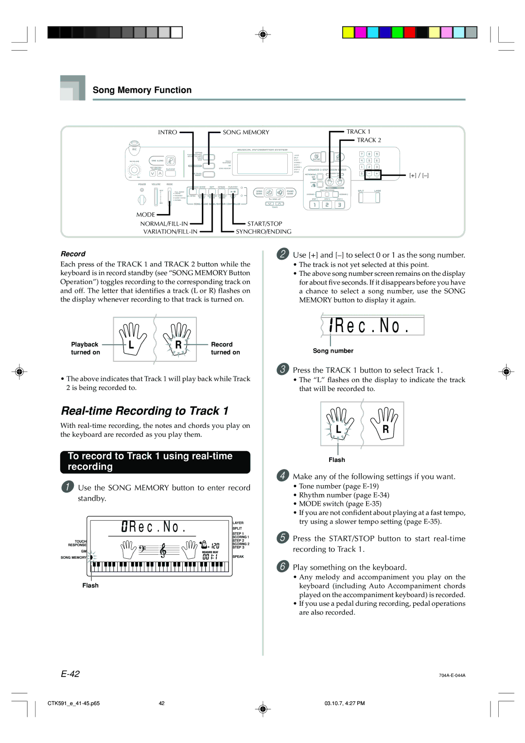 Casio CTK-591, CTK-593 manual C . N o, Real-time Recording to Track, To record to Track 1 using real-time recording 
