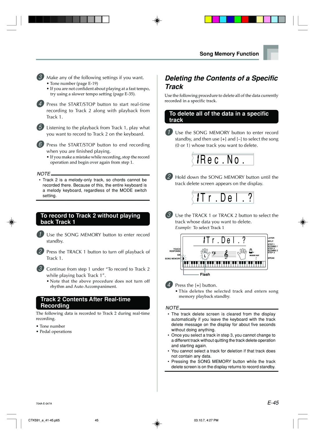 Casio CTK-593, CTK-591 manual D e l . ?, Deleting the Contents of a Specific, Track 