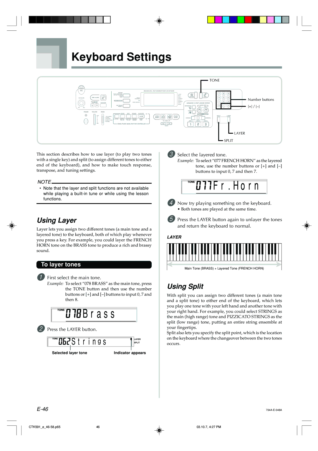 Casio CTK-591, CTK-593 manual A s s, H o r n, Keyboard Settings, Using Layer, Using Split 