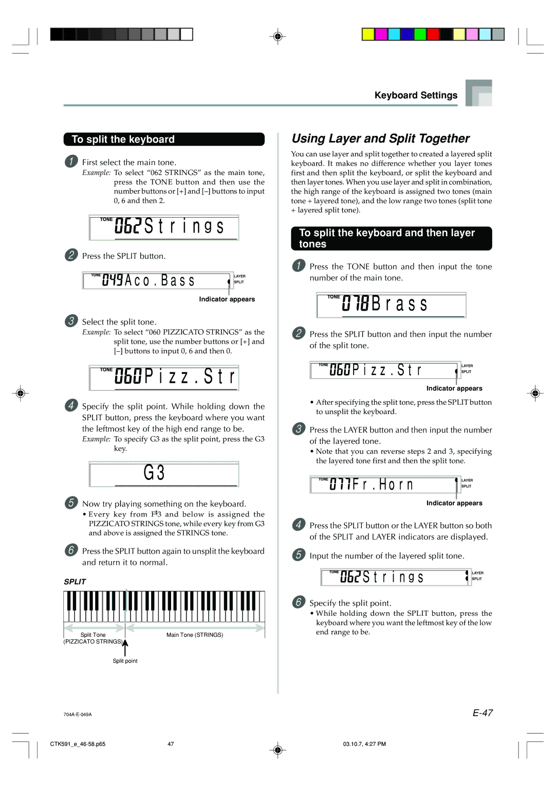 Casio CTK-593, CTK-591 manual R i n g s, Z z . S t r, Using Layer and Split Together, To split the keyboard 