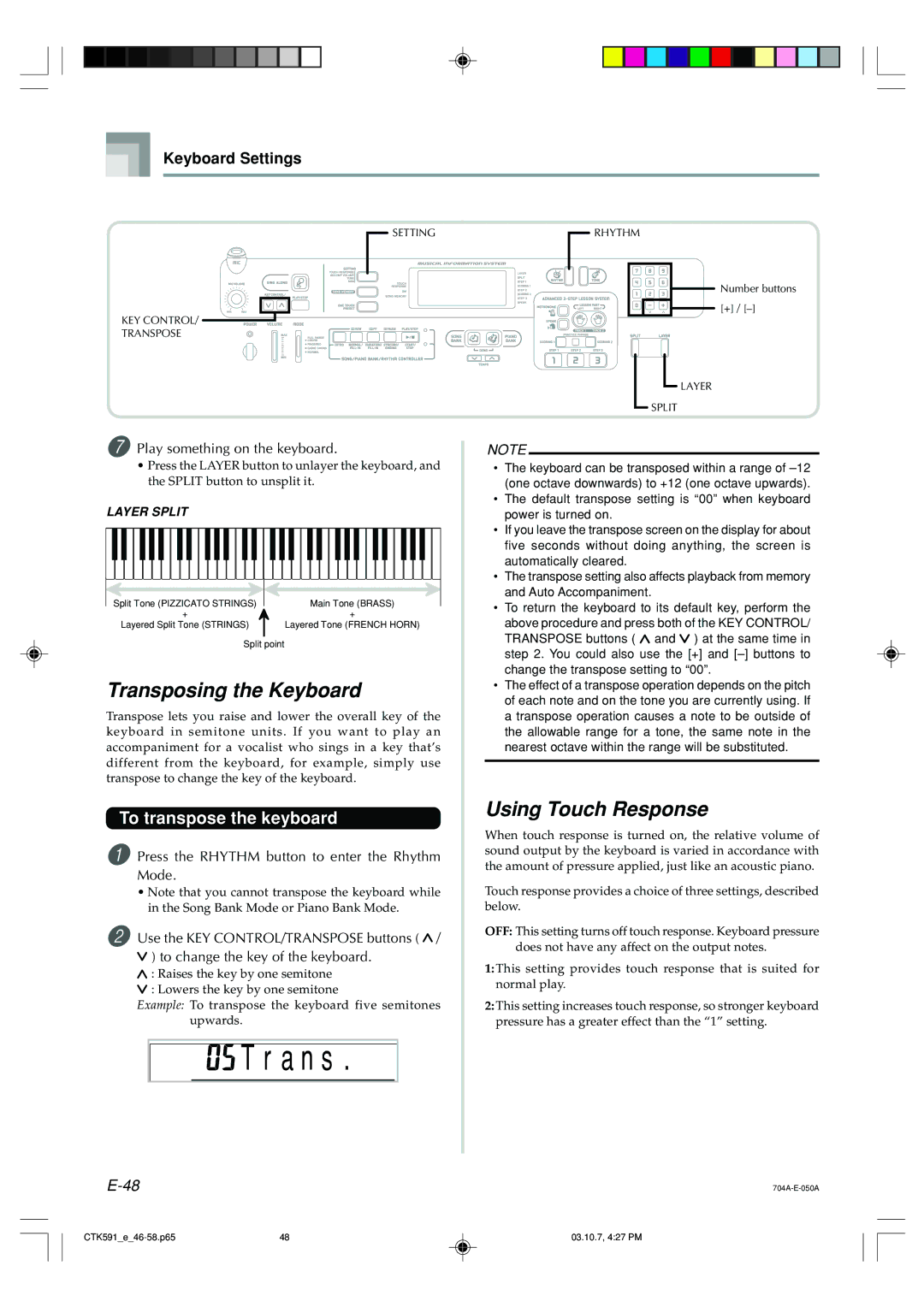 Casio CTK-591, CTK-593 manual A n s, Transposing the Keyboard, Using Touch Response, To transpose the keyboard 