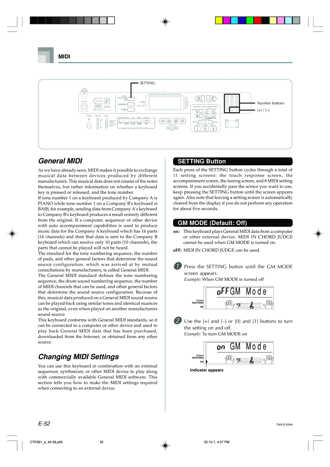 Casio CTK-591, CTK-593 manual General Midi, Changing Midi Settings, Setting Button, GM Mode Default Off 