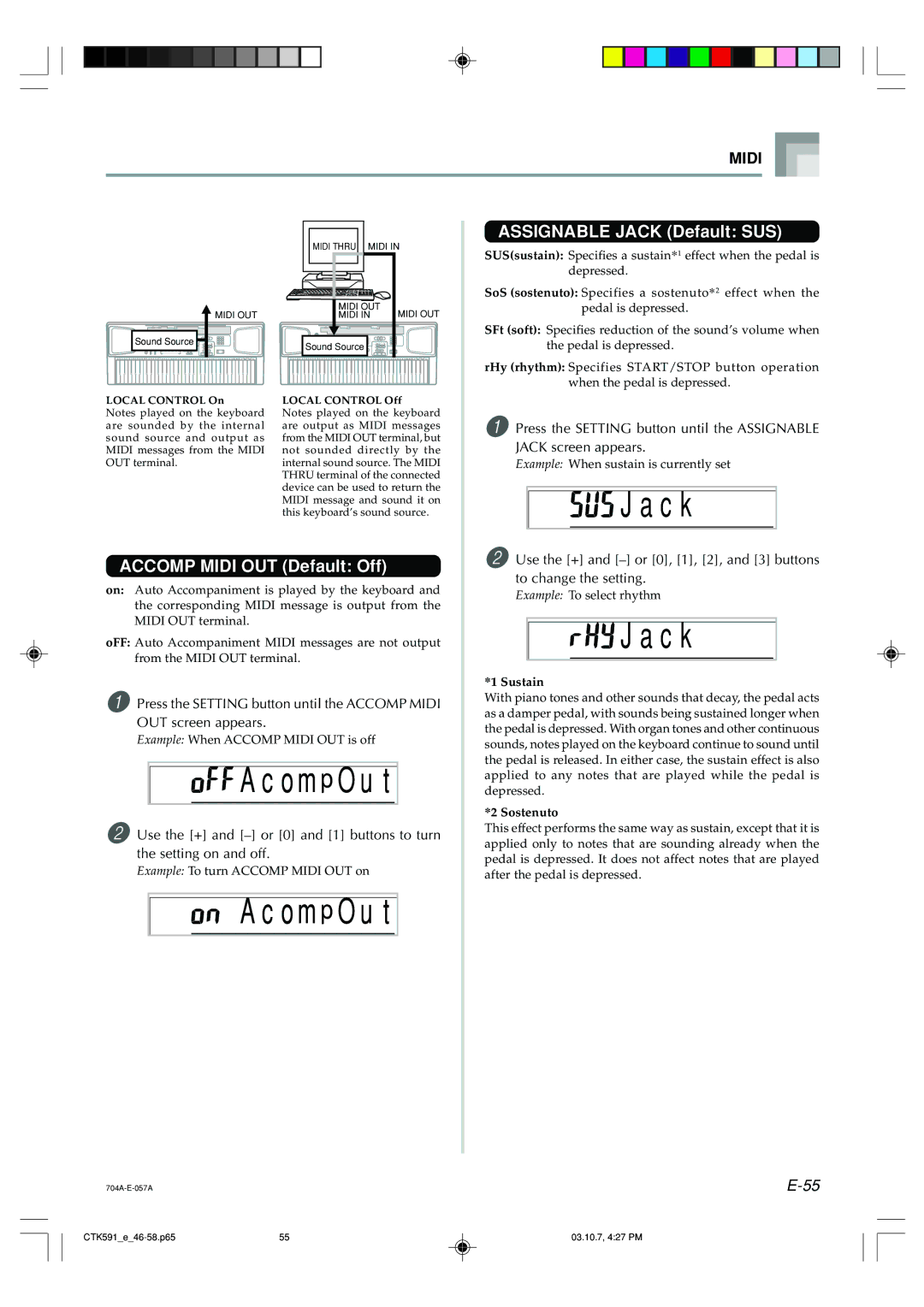 Casio CTK-593, CTK-591 manual C k, O m p O u t, Assignable Jack Default SUS, Accomp Midi OUT Default Off 