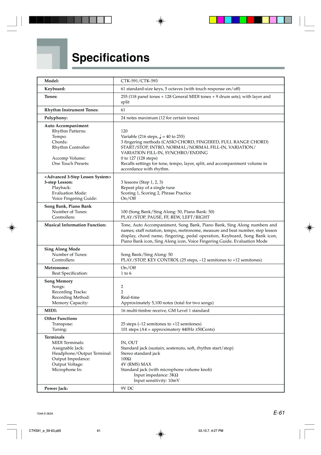 Casio CTK-593, CTK-591 manual Specifications 