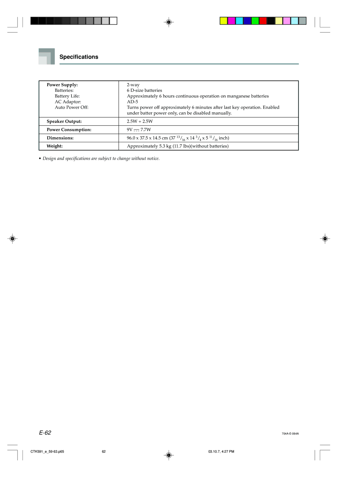 Casio CTK-591, CTK-593 manual Specifications, Power Supply, Speaker Output, Power Consumption Dimensions 