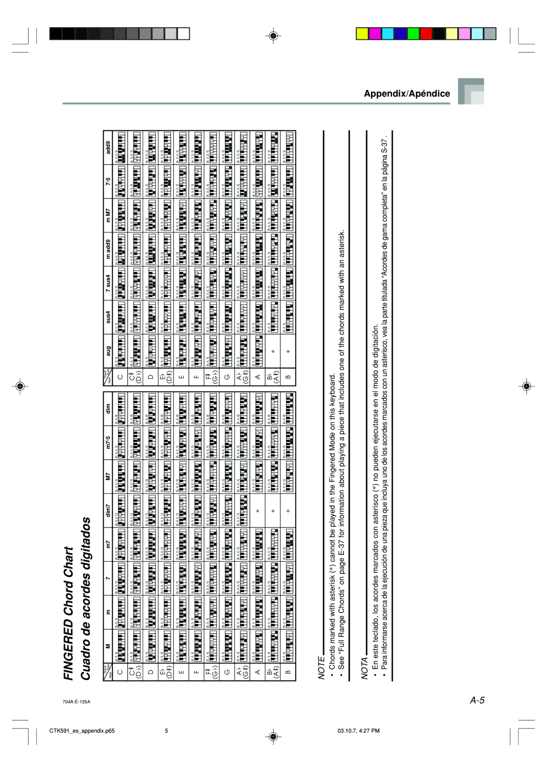 Casio CTK-591, CTK-593 manual Fingered Chord Chart Cuadro de acordes digitados 