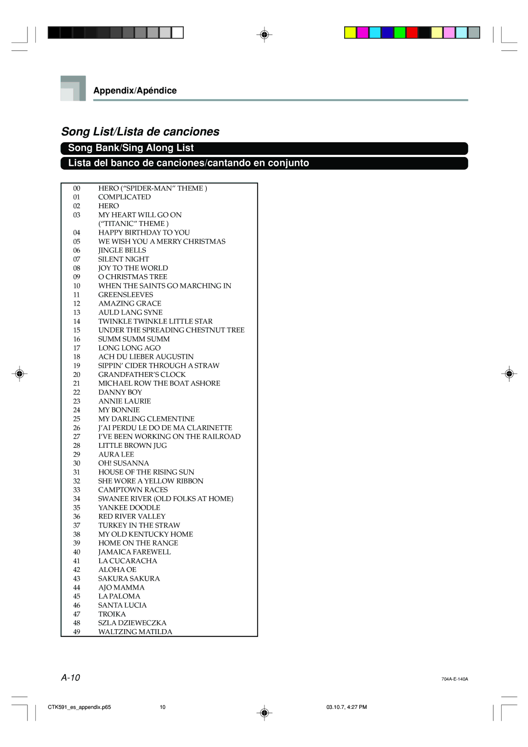 Casio CTK-593, CTK-591 manual Song List/Lista de canciones 