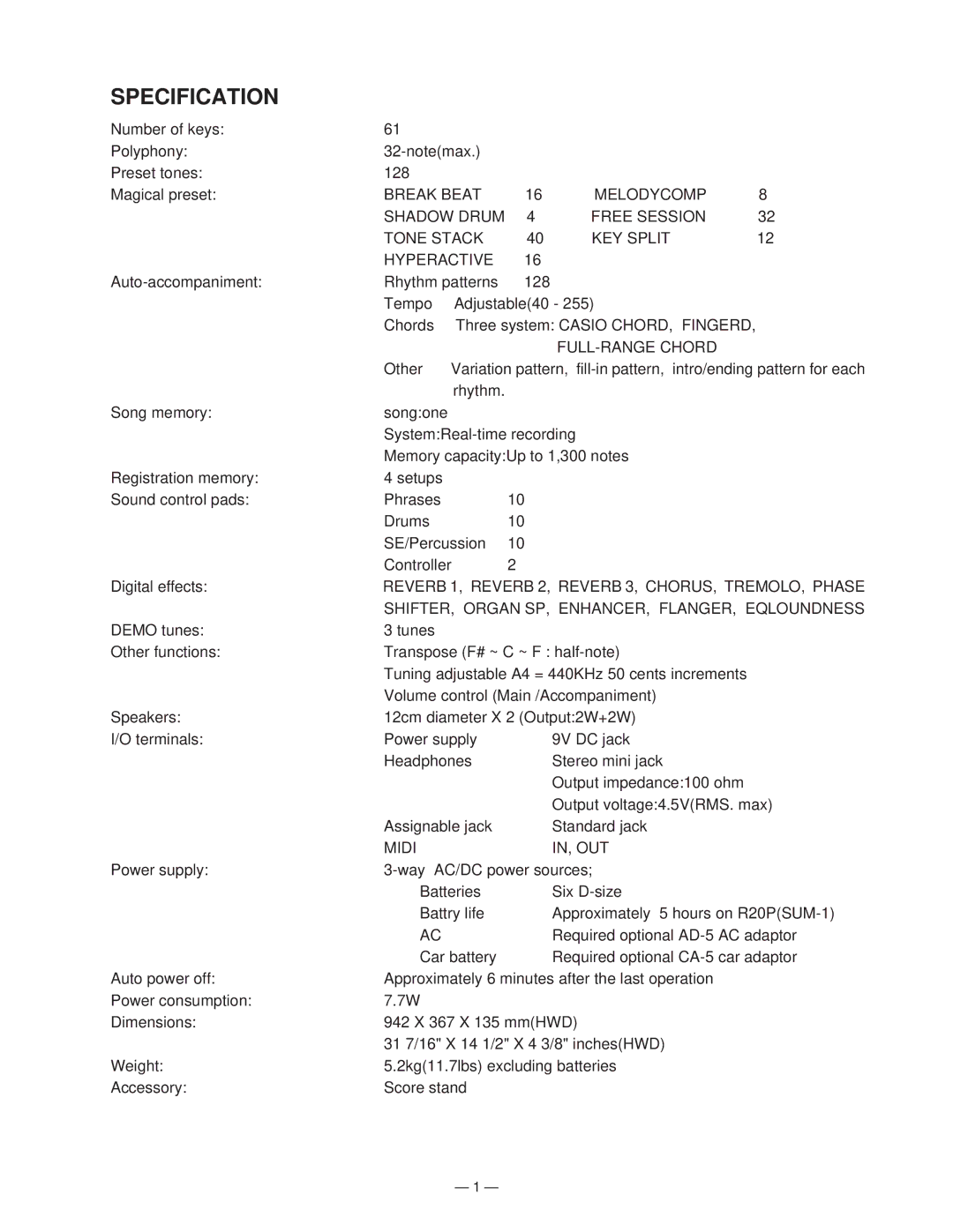 Casio CTK-650 manual Specification, FULL-RANGE Chord 