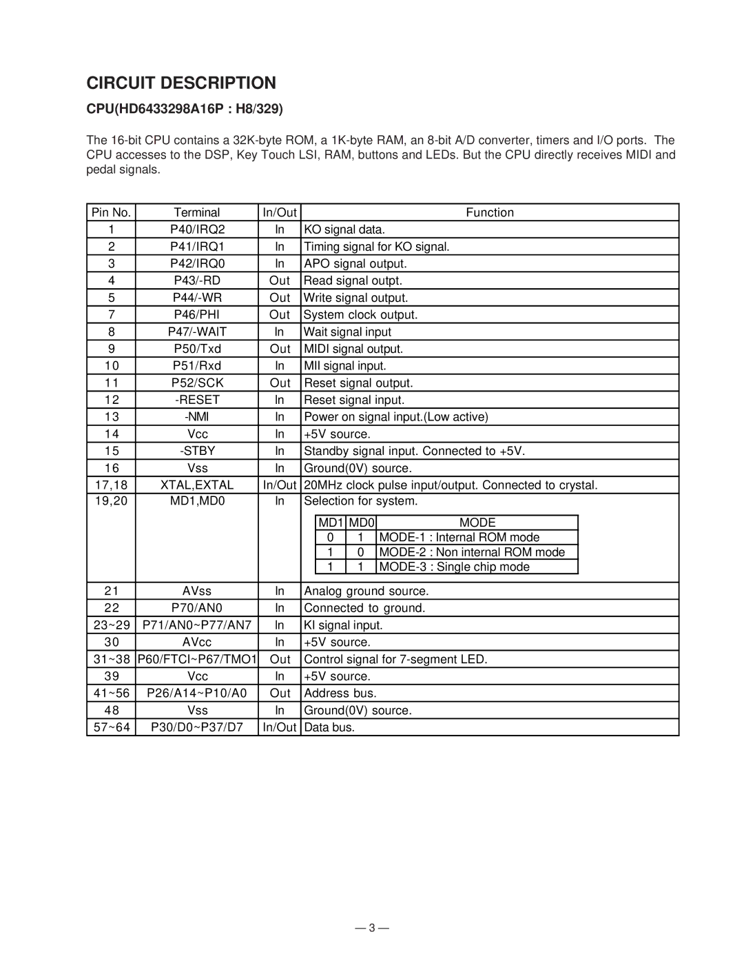 Casio CTK-650 manual Circuit Description, CPUHD6433298A16P H8/329 