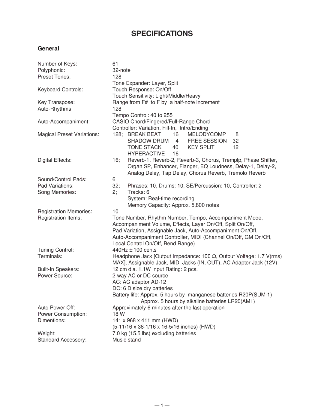 Casio CTK-750 manual Specifications, General 