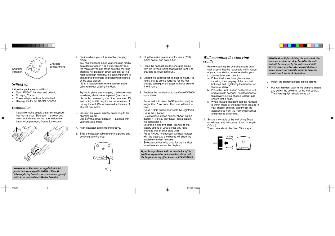 Casio DC5000 manual Setting up, Installation, Wall mounting the charging cradle 