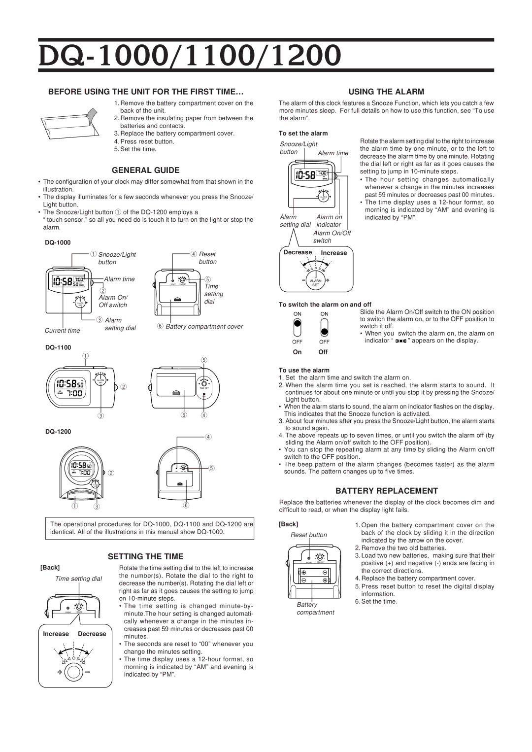 Casio DQ-1100 manual Before Using the Unit for the First TIME…, Using the Alarm, General Guide, Battery Replacement 