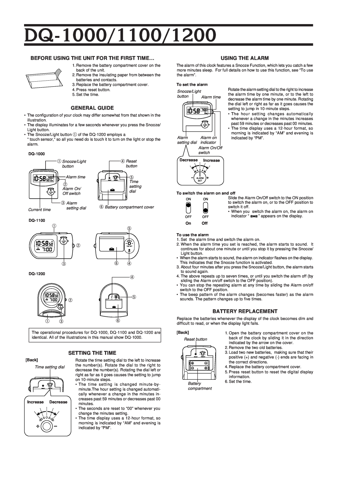 Casio DQ-1100, DQ-1200 manual DQ-1000/1100/1200, Before Using The Unit For The First Time…, Using The Alarm, General Guide 