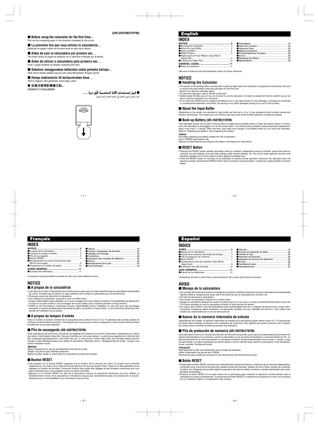 Casio DR210TM manual Index, Índice, Aviso 