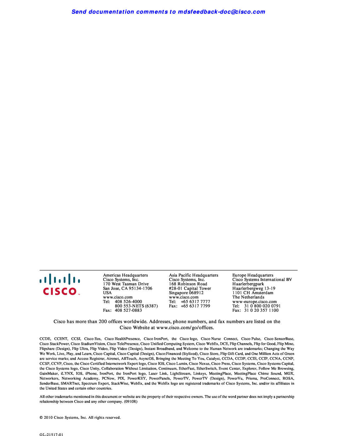 Casio DSC9148D8G48PK9 Send documentation comments to mdsfeedback-doc@cisco.com, Americas Headquarters, Europe Headquarters 