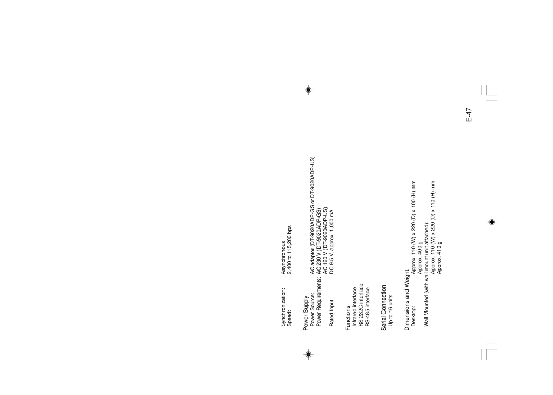 Casio DT-930 manual DT-960IOE Basic Cradle Specifications 