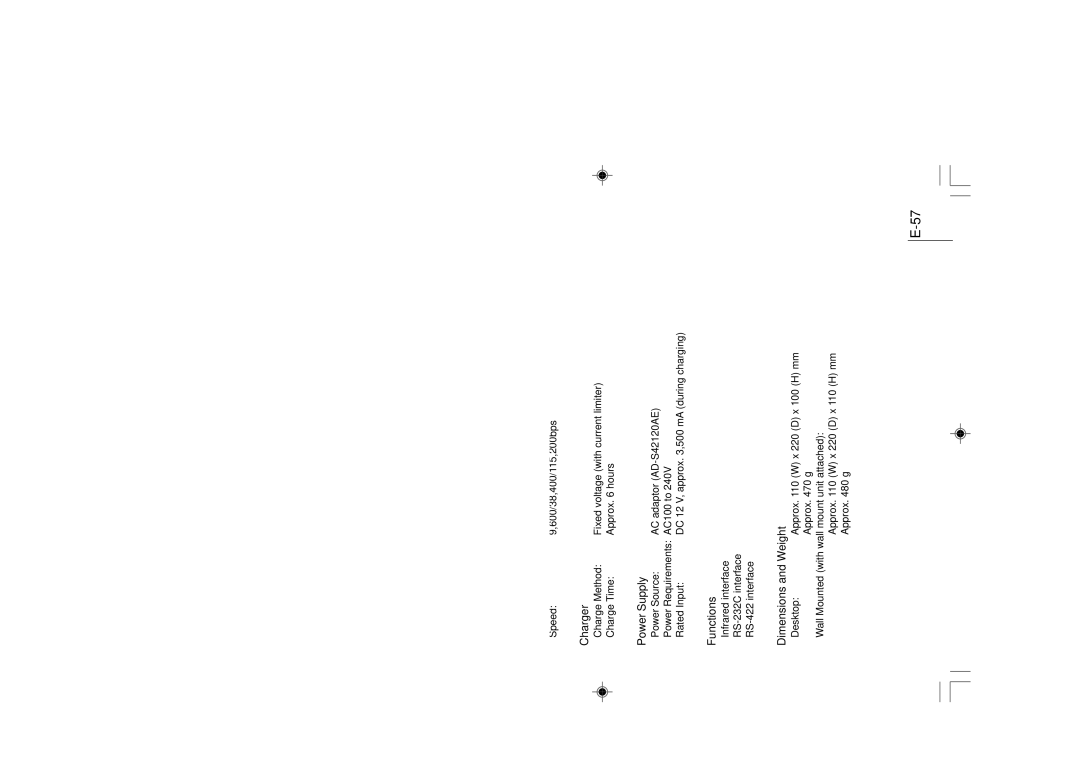 Casio DT-930 manual DT-964IOE Satellite Cradle Specifications 