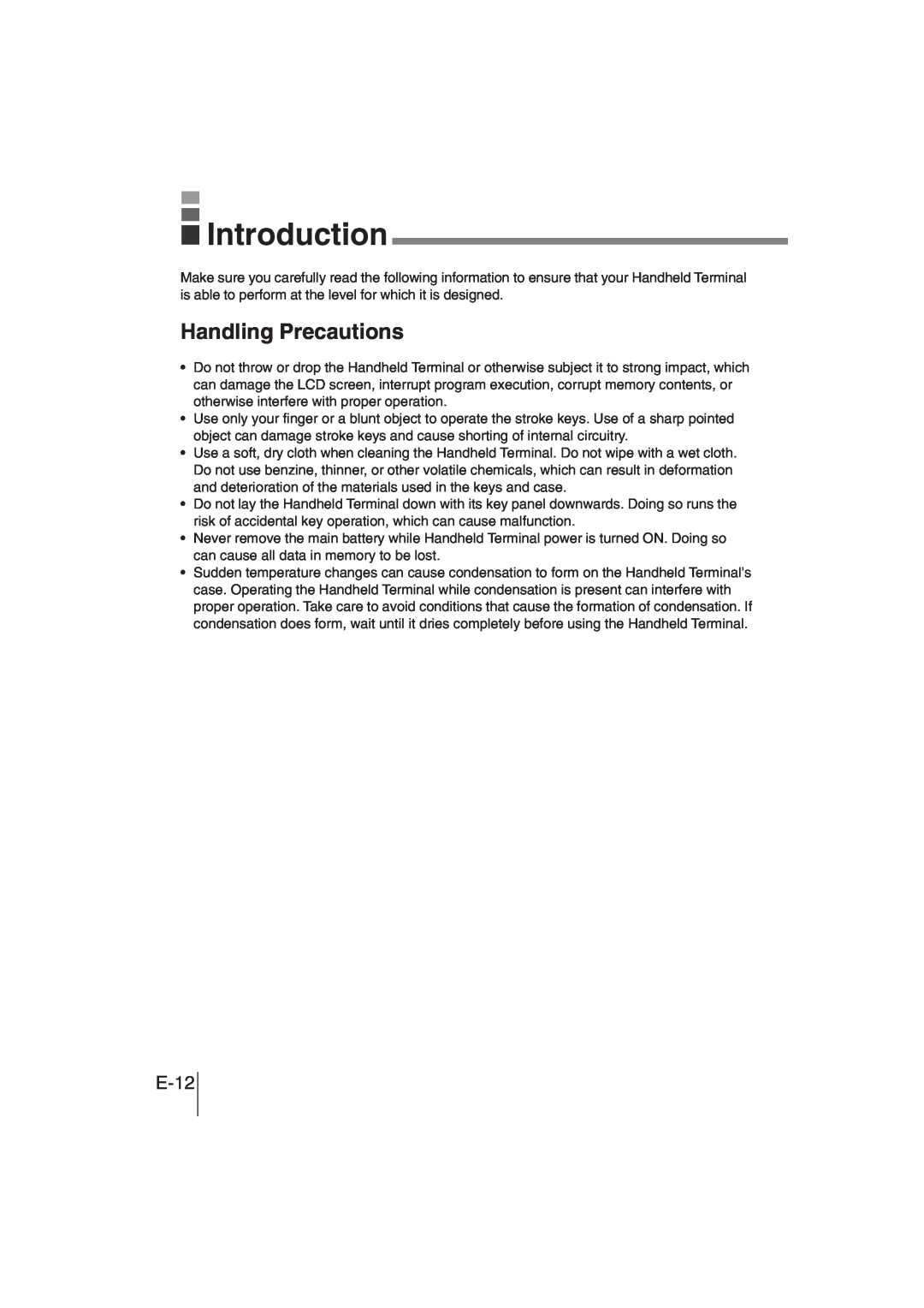 Casio DT-930 manual Introduction, Handling Precautions, E-12 