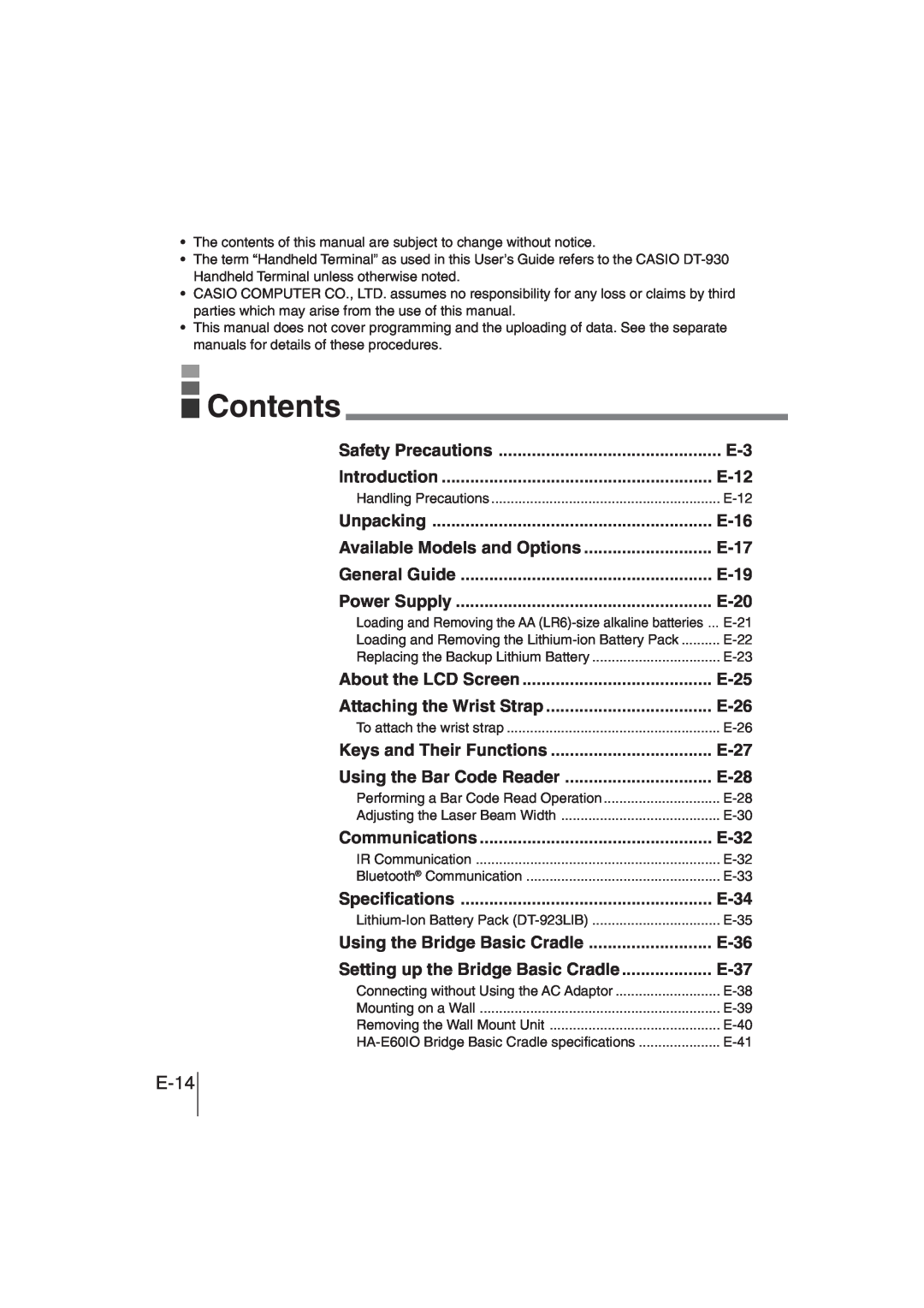 Casio DT-930 manual Contents, E-14 