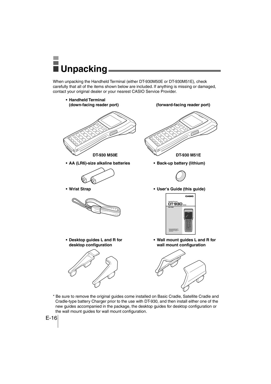 Casio DT-930 manual Unpacking, E-16 