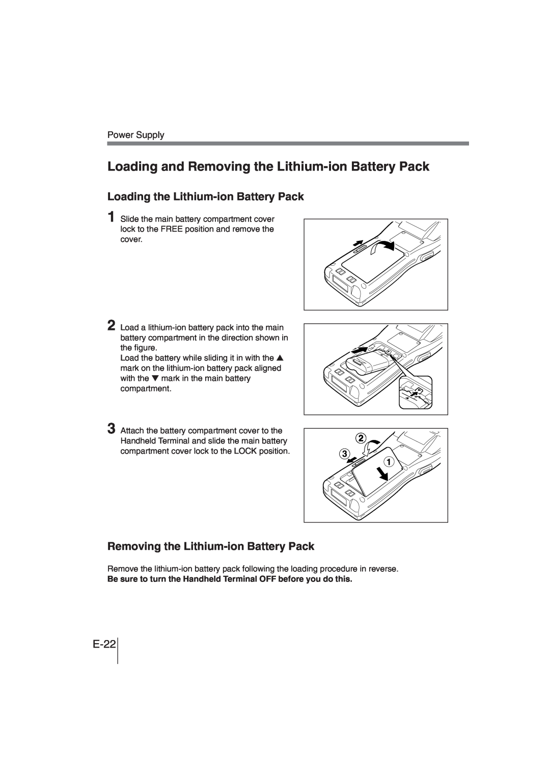 Casio DT-930 Loading and Removing the Lithium-ionBattery Pack, Loading the Lithium-ionBattery Pack, E-22, Power Supply 