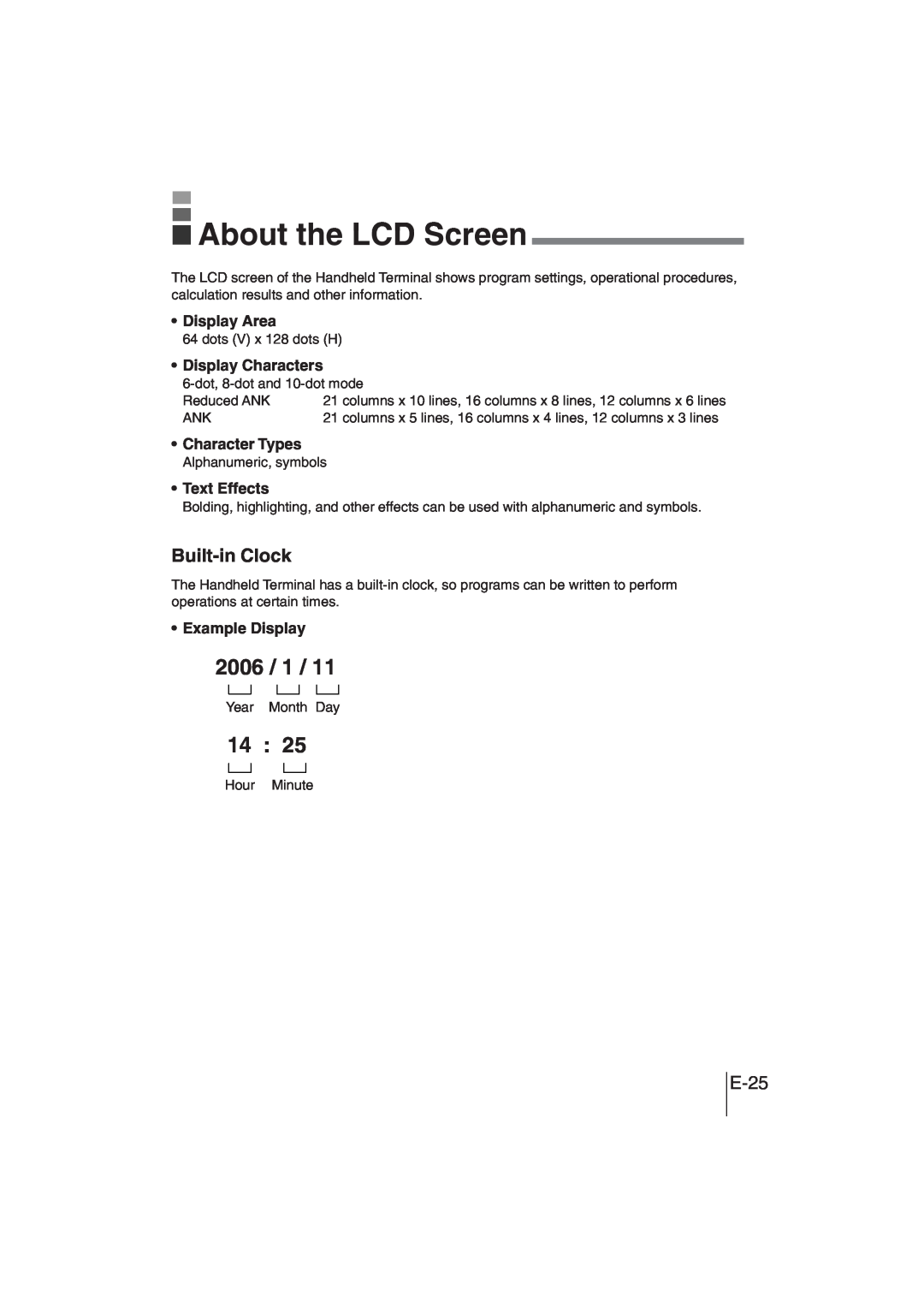 Casio DT-930 manual About the LCD Screen, 2006, Built-inClock, E-25, Display Area, Display Characters, Character Types 