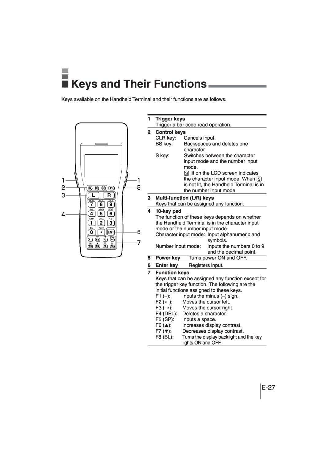 Casio DT-930 manual Keys and Their Functions, E-27 
