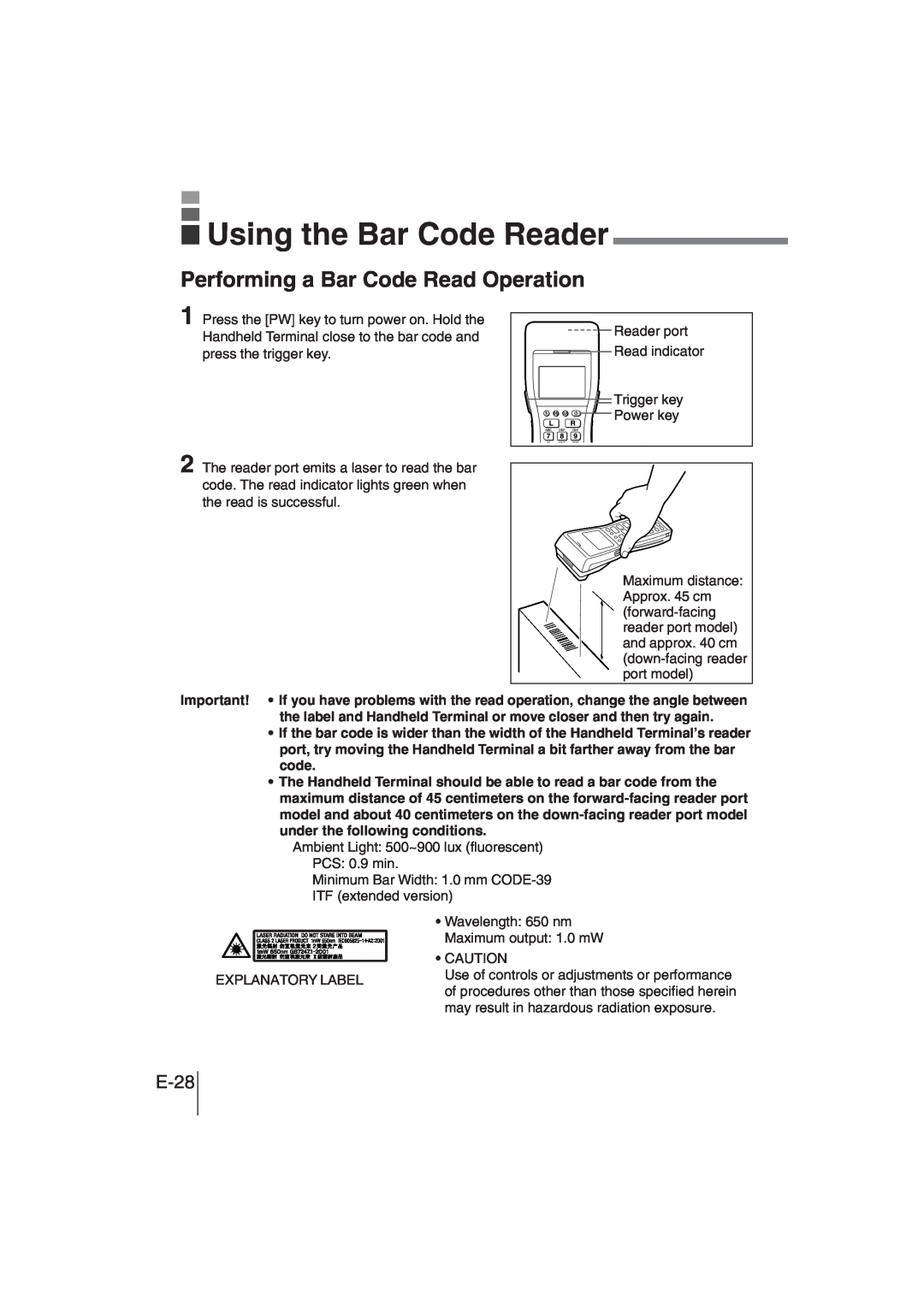 Casio DT-930 manual Using the Bar Code Reader, Performing a Bar Code Read Operation, E-28 