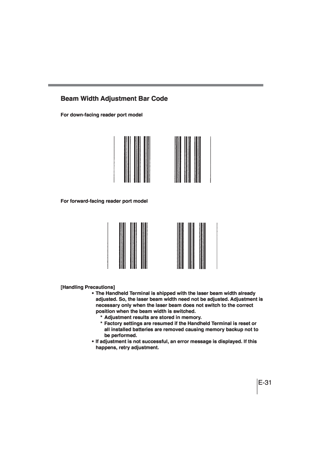 Casio DT-930 manual Beam Width Adjustment Bar Code, E-31 