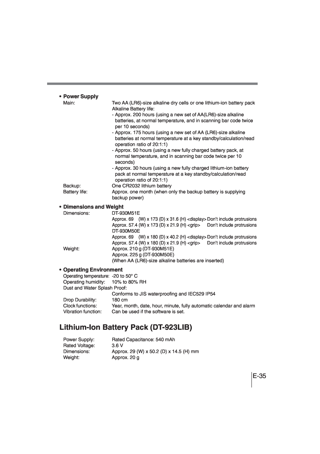 Casio DT-930 manual Lithium-IonBattery Pack DT-923LIB, E-35, Power Supply, Dimensions and Weight, Operating Environment 