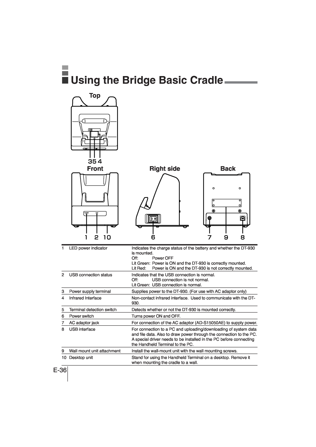 Casio DT-930 manual Using the Bridge Basic Cradle, E-36, Front, Right side 