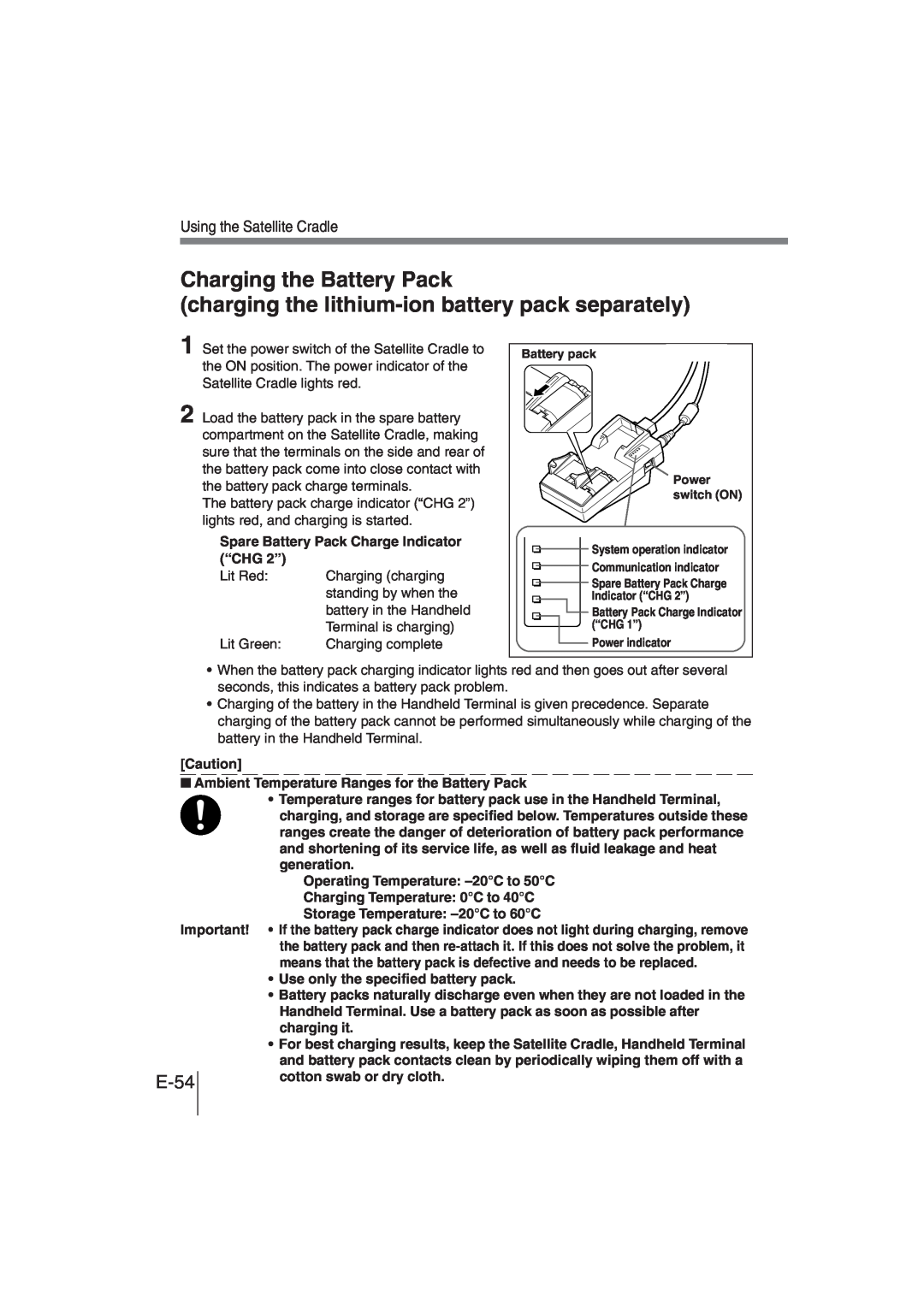 Casio DT-930 manual charging the lithium-ionbattery pack separately, Charging the Battery Pack, Using the Satellite Cradle 