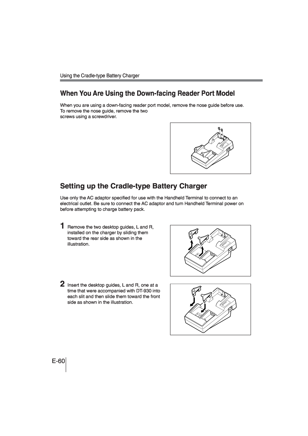 Casio DT-930 manual Setting up the Cradle-typeBattery Charger, E-60, Using the Cradle-typeBattery Charger 